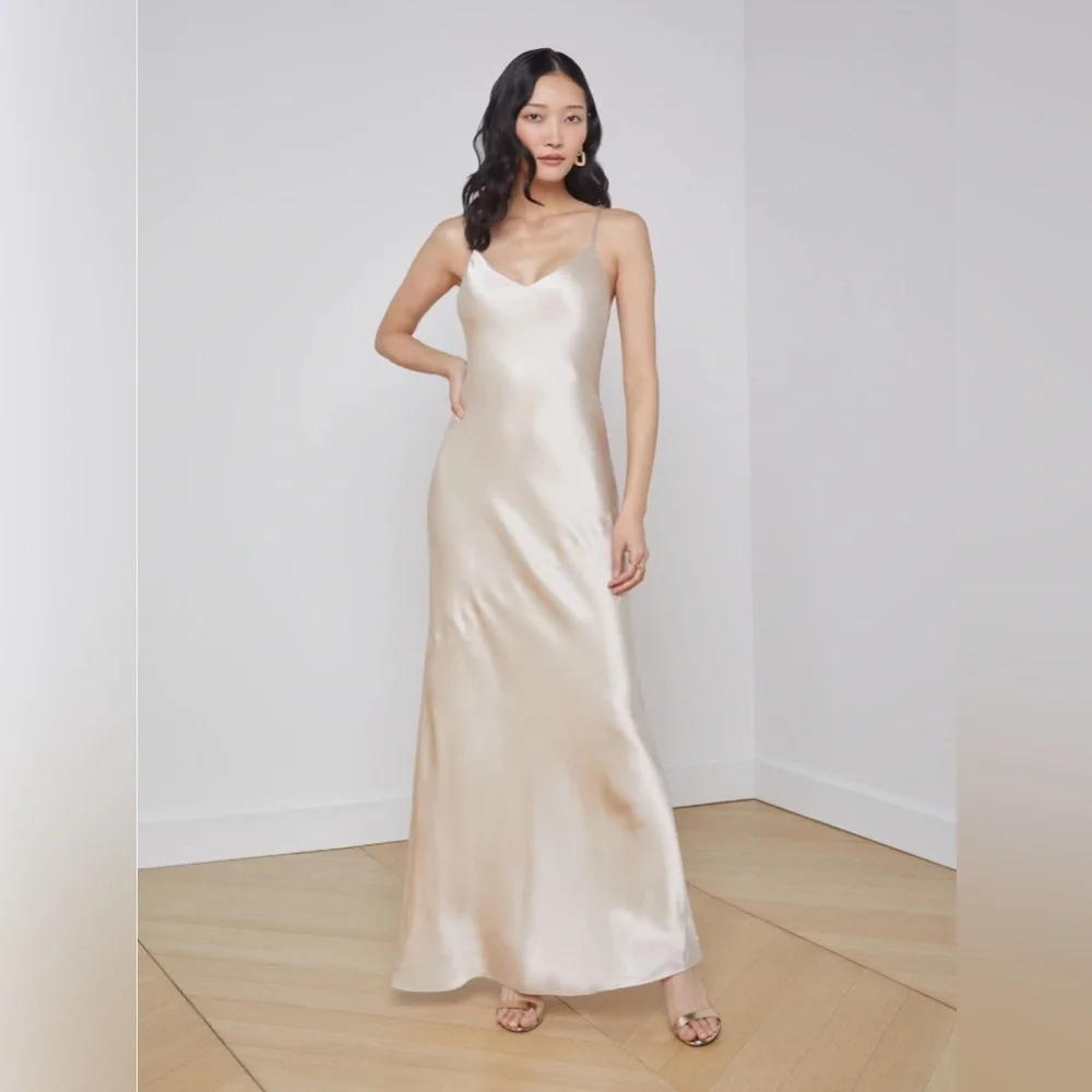 BIRDY Grey Satin-Look Champagne Maxi Slip Dress with Slit Size M